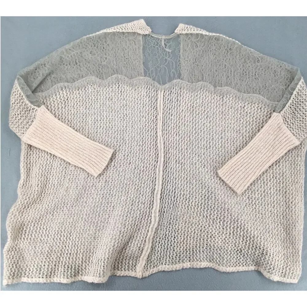 Free People Ivory Open Knit Lace Cardigan Sweater Sheer Boho Romantic